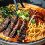 Spicy Korean Ramen with Grilled Beef & Creamy Sauce