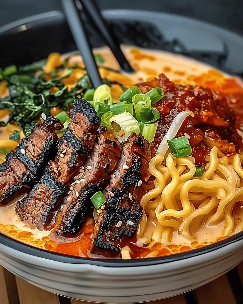 Spicy Korean Ramen: Indulgent Grilled Beef & Creamy Sauce Delight