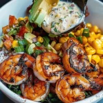 Grilled Shrimp Bowl with Avocado, Corn Salsa & Creamy Garlic Sauce