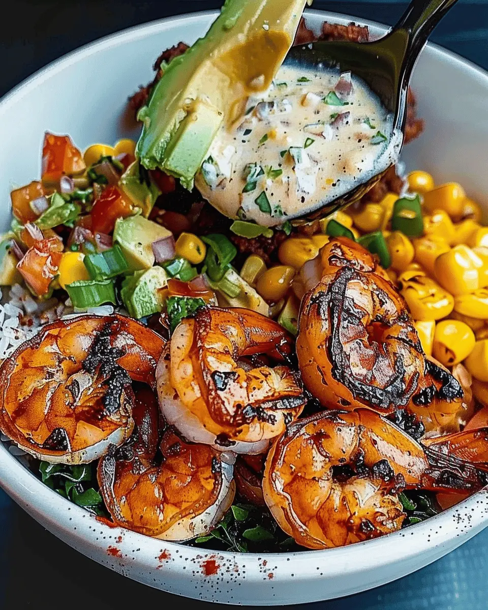 Grilled Shrimp Bowl: Easy Avocado, Corn Salsa & Creamy Garlic Sauce