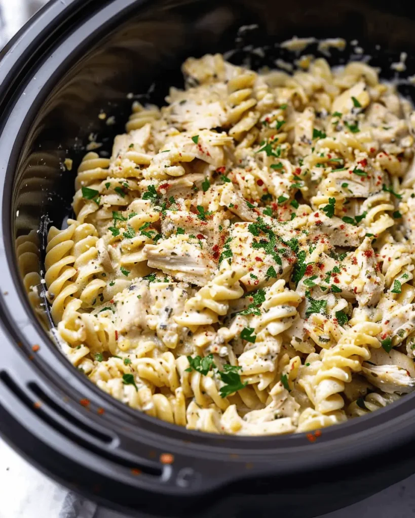 Crockpot Parmesan Garlic Chicken Pasta