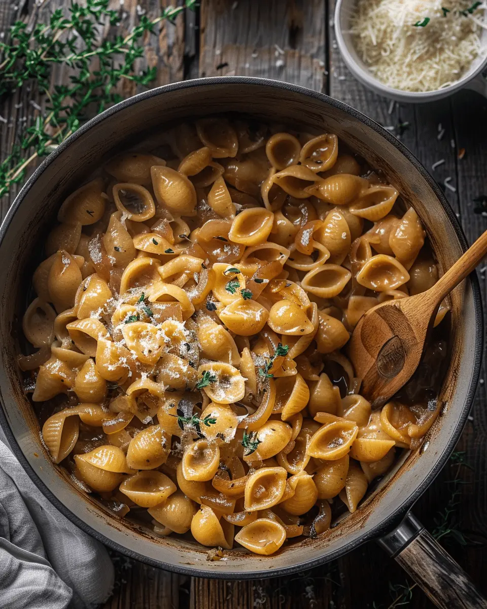 One Pot French Onion Pasta with Turkey Bacon and Chicken Ham