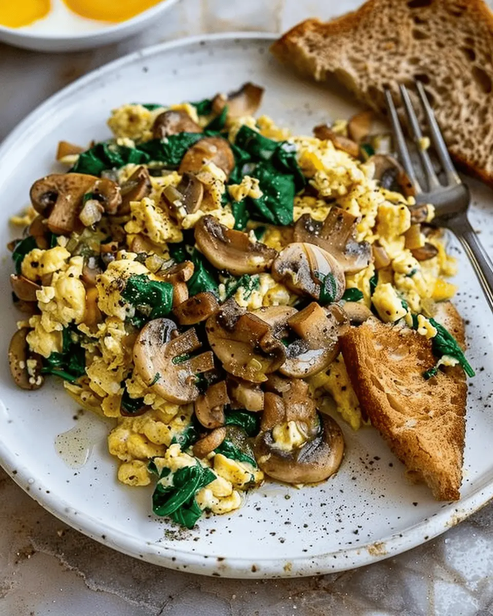 Mushroom-Spinach Scrambled Eggs with Turkey Bacon for Easy Brunch
