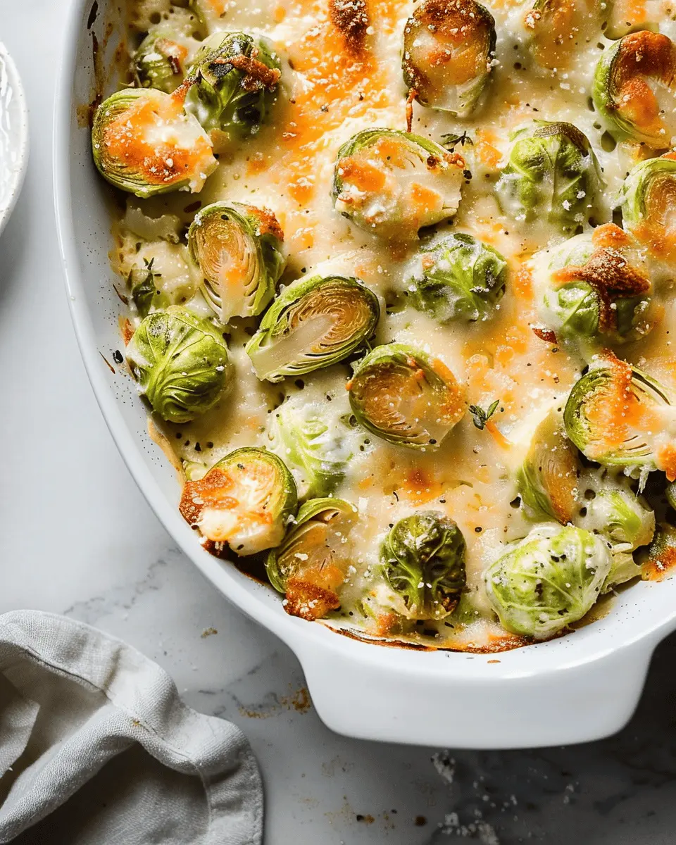 Garlicky Creamy Brussels Sprouts Au Gratin with Turkey Bacon Delight