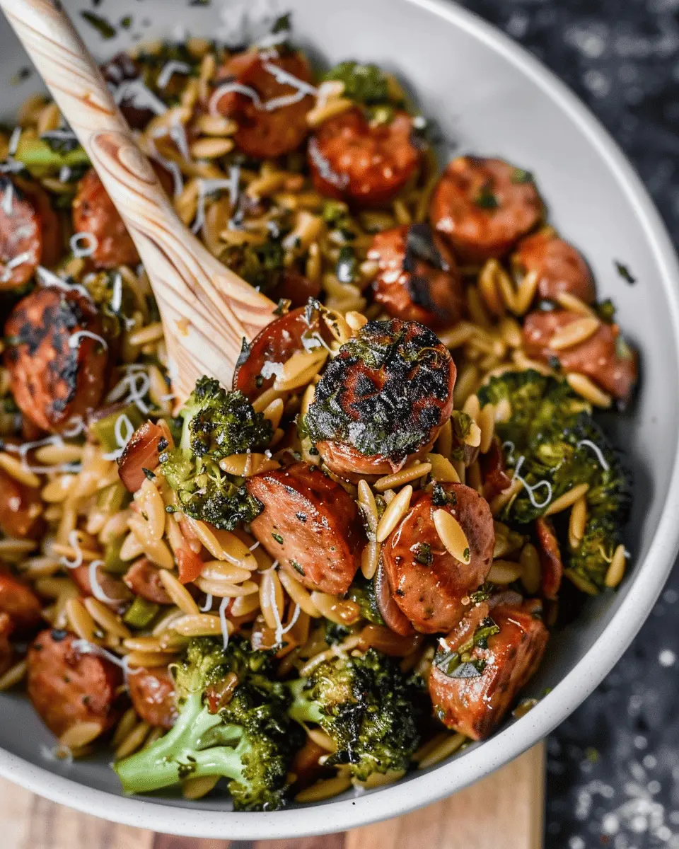 chicken sausage, broccoli, and orzo skillet for a quick weeknight dinner