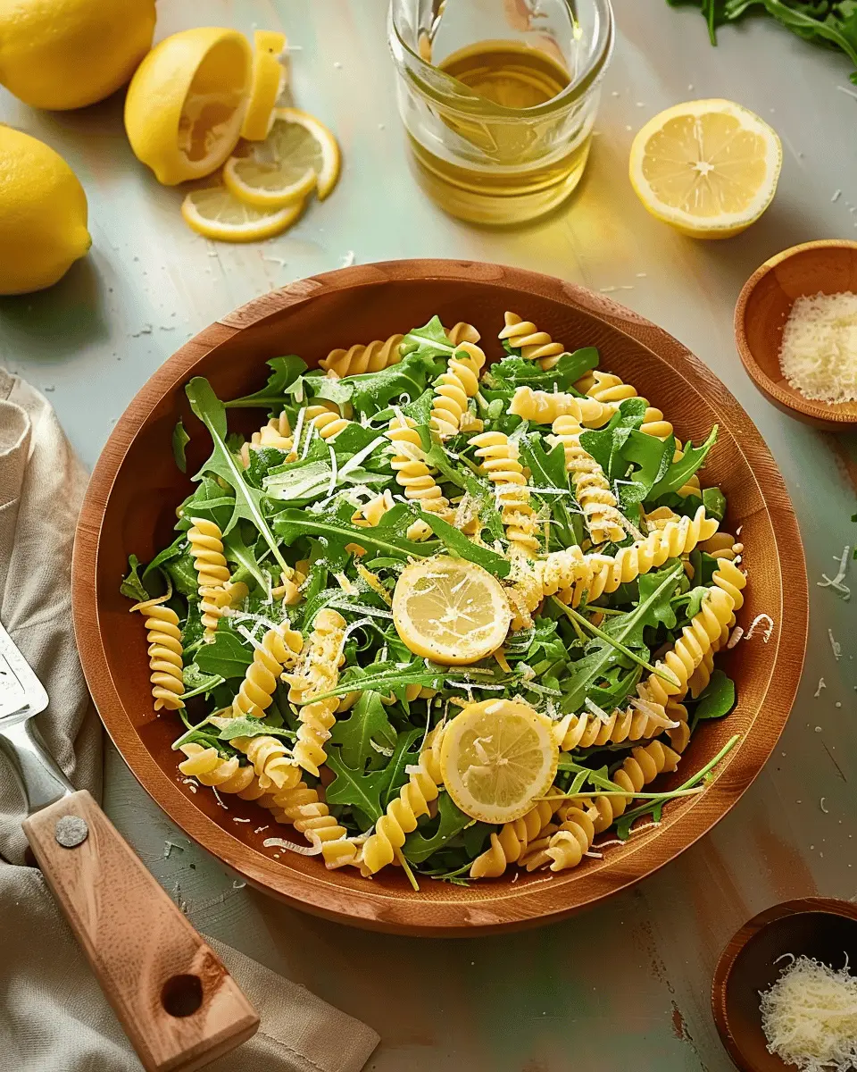 Easy Lemon Arugula Pasta Salad with Turkey Bacon and Chicken Ham