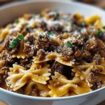 Cheesy Beef and Bowtie Pasta in Garlic Butter
