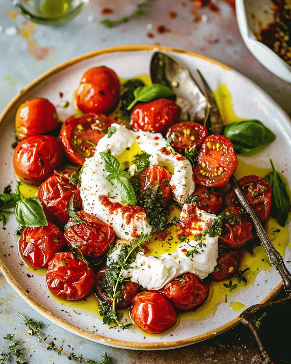 easy best appetizers recipes: Savory Roasted Tomatoes with Burrata