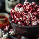 Easy Halloween food ideas : Bloody Red Velvet Popcorn – Perfect Spooky Snack for Halloween