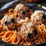 Easy Halloween food ideas : Spooky Spaghetti and Cheese Stuffed Meatballs