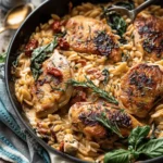 Easy Healthy dinner recipes : One Skillet Creamy Sun-Dried Tomato Chicken and Orzo.