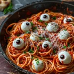 Easy Halloween food ideas : Bloody Spaghetti with Mozzarella Eyeballs