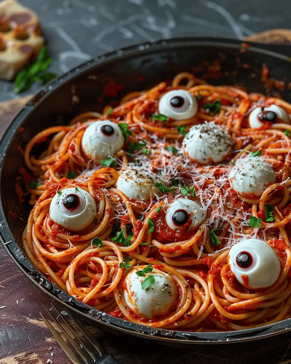 Easy Halloween Food Ideas: Delightful Bloody Spaghetti with Mozzarella Eyeballs