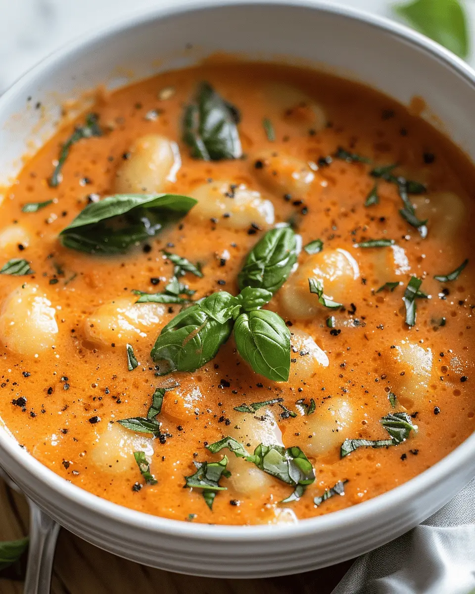 easy soup recipes: Indulgent Creamy Tomato Gnocchi Soup with Turkey Bacon