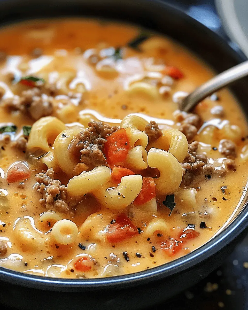 easy soup recipes: Indulgent One-Pot Macaroni Cheeseburger Soup with Turkey Bacon