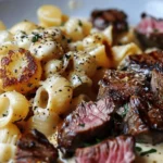 Steak Bites and Shell Pasta in Garlic Butter Alfredo Sauce