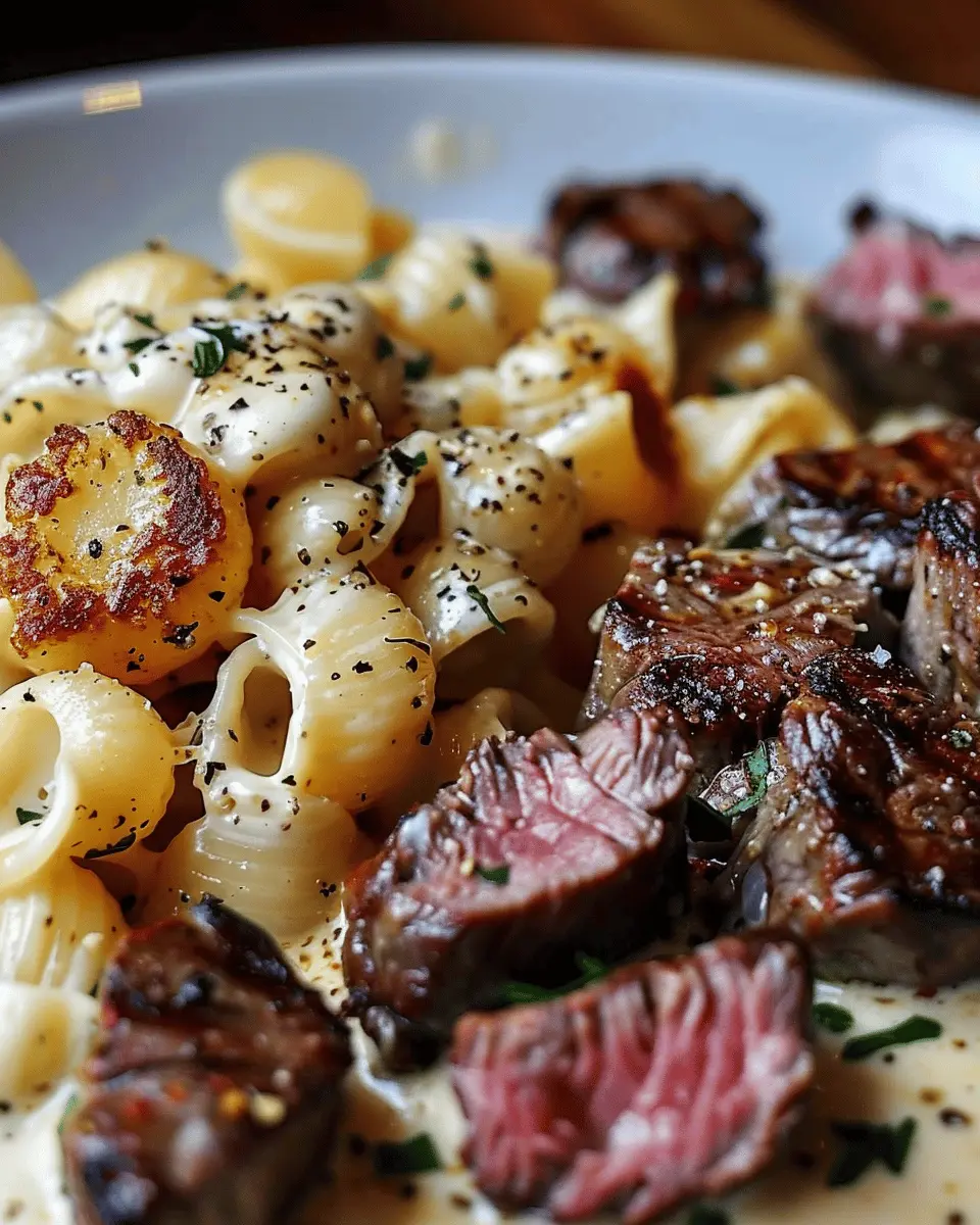 Steak Bites and Shell Pasta in Creamy Garlic Butter Alfredo Sauce