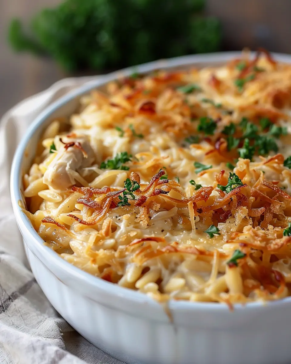 French Onion Chicken Orzo Casserole with Turkey Bacon Delight