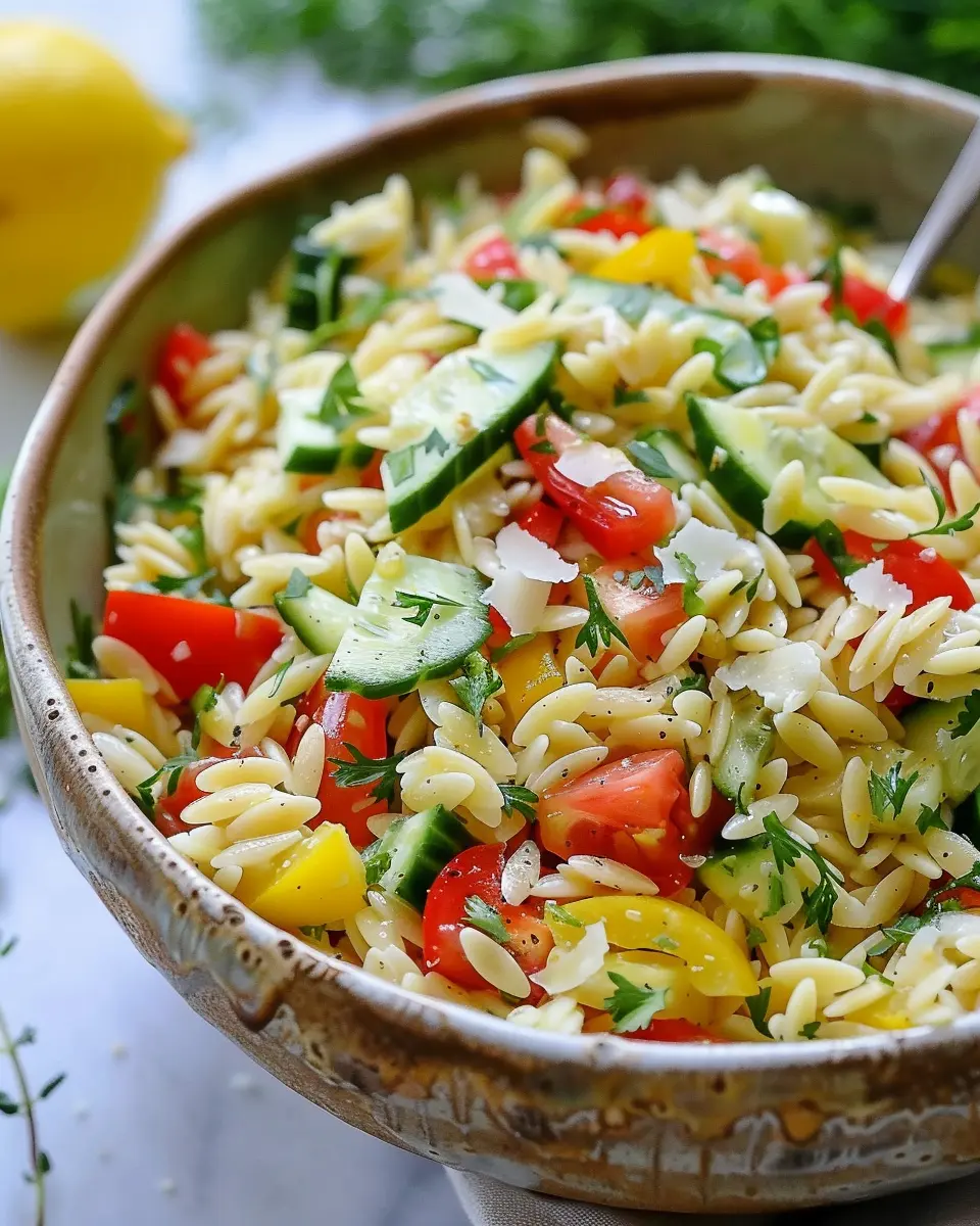 Best Lemon Orzo Pasta Salad with Turkey Bacon and Fresh Veggies