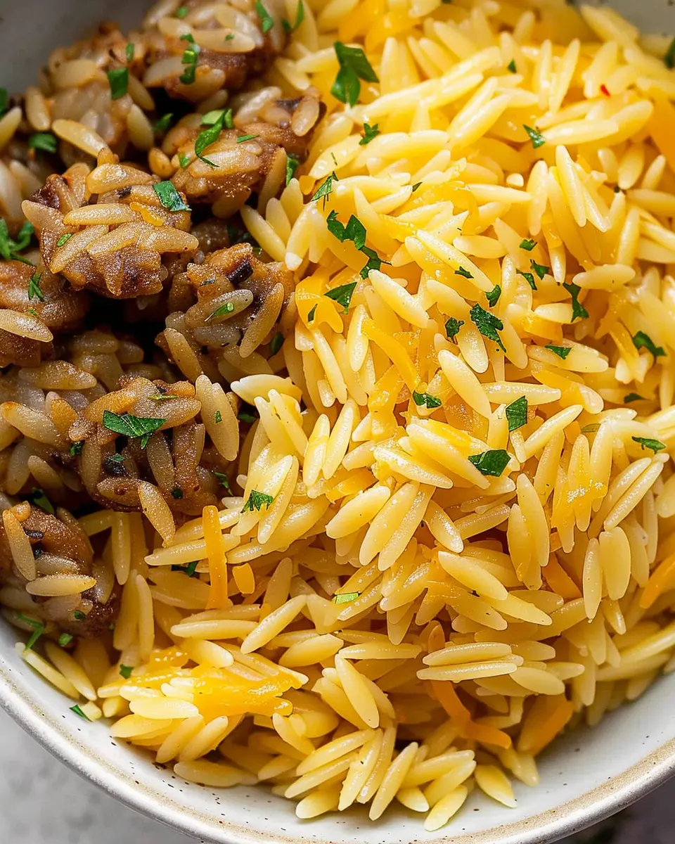 Cheesy Orzo Delight with Turkey Bacon and Chicken Ham Goodness